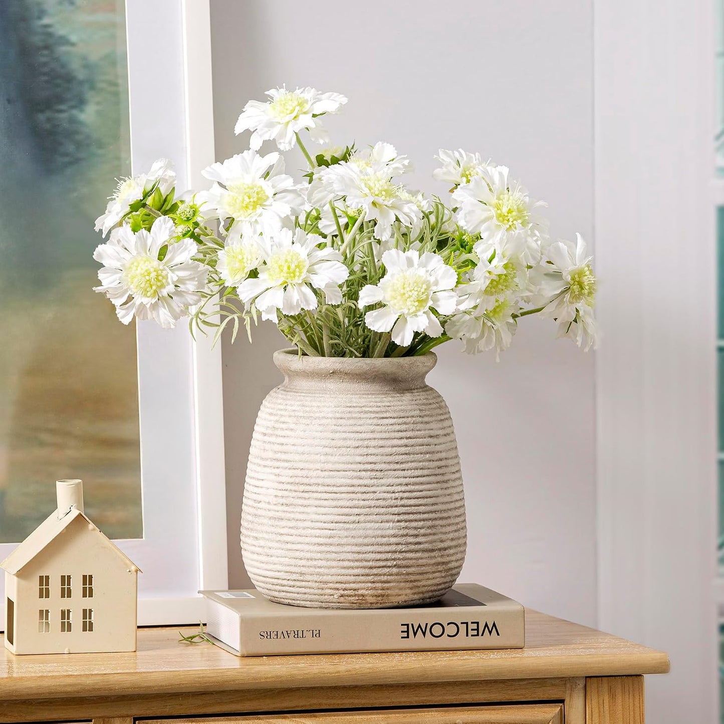 Ceramic Flower Vase, Small Rustic Farmhouse Vases Home Decor, Short Pottery Decorative Pampas Vase for Table Living Room Entryway Mantel Bookshelf Bedroom Bathroom Kitchen - 6" W