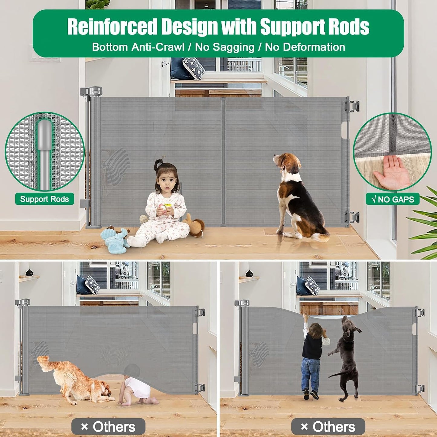 Reinforced 50" Wide Retractable Baby Gates for Doorways, Retractable Dog Gate for Stairs with Support Rods – Prevent Crawling Under, Outdoor Indoor Mesh Baby Gate Retractable Gates for Dogs, White