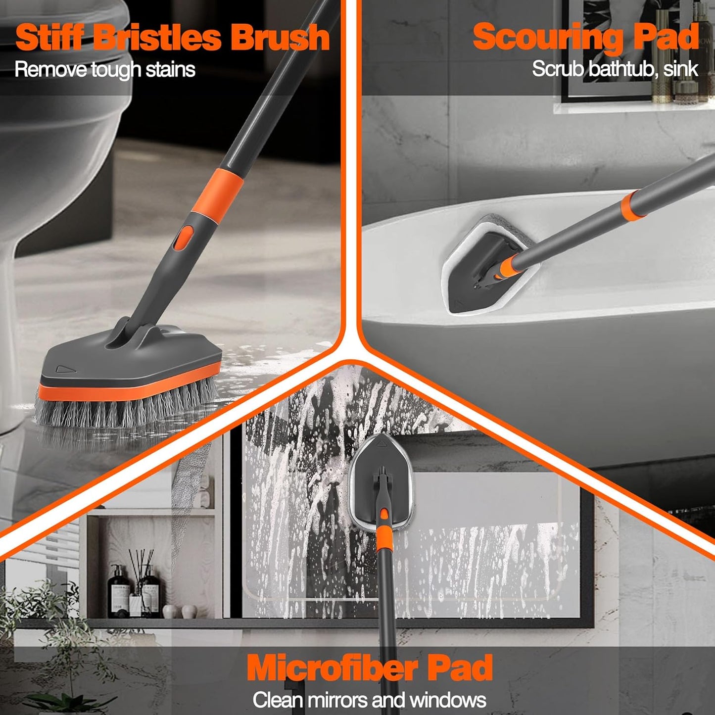 NEWE Shower Cleaner Brush, Tub Tile Scrubber with Telescopic Long Handle 56 inches, 4 Scrub Heads for Cleaning Bathroom Bathtub Floor Baseboard Sink Kitchen Toilet