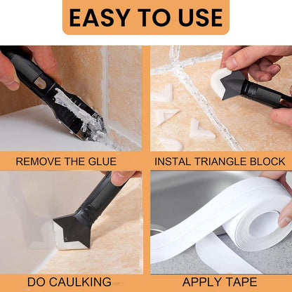 White Caulk Tape Waterproof Self Adhesive, Caulking Tape, Sealer Strip for Bathroom, Toilet Base, Shower, Bathtub, Sink, Countertop Edge Protector, Easy to Use with Silicone Caulking Tool