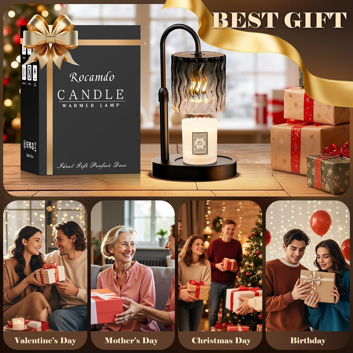Candle Warmer Lamp with Timer, Birthday for Women Mom, House Warming Gifts Modern Farmhouse Home Decor, Dimmable Wax Melt Warmer for Jar Candles with 2 Bulbs (Amber)