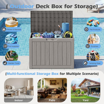 Outdoor Storage Box, 31 Gallon Resin Deck Boxes Outdoor Waterproof For Patio Furniture, Garden Tools, Pool Supplies, Lockable And UV Resistant (Rattan Gray)