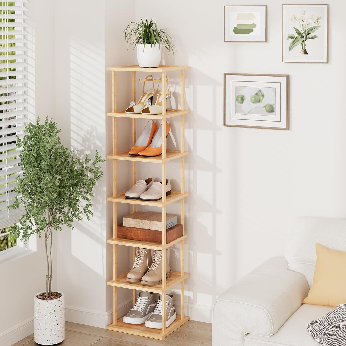 Vertical Tall Shoe Rack Organizer for Entryway -7 Tier Free Standing Slim Narrow Bamboo Wood Corner Stackable Shoe Boots Storage Stand Small Spaces for Closet Garage Cloakroom Living Room (Black)