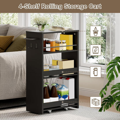 ChooChoo 4-Tier Slim Storage Cart, 7.87 inches Wide Narrow Storage Cabinet with 360° Wheels and 2 Hooks, Space-Saving Organizer for Kitchen, Narrow Places, Dining Room, Walnut+White
