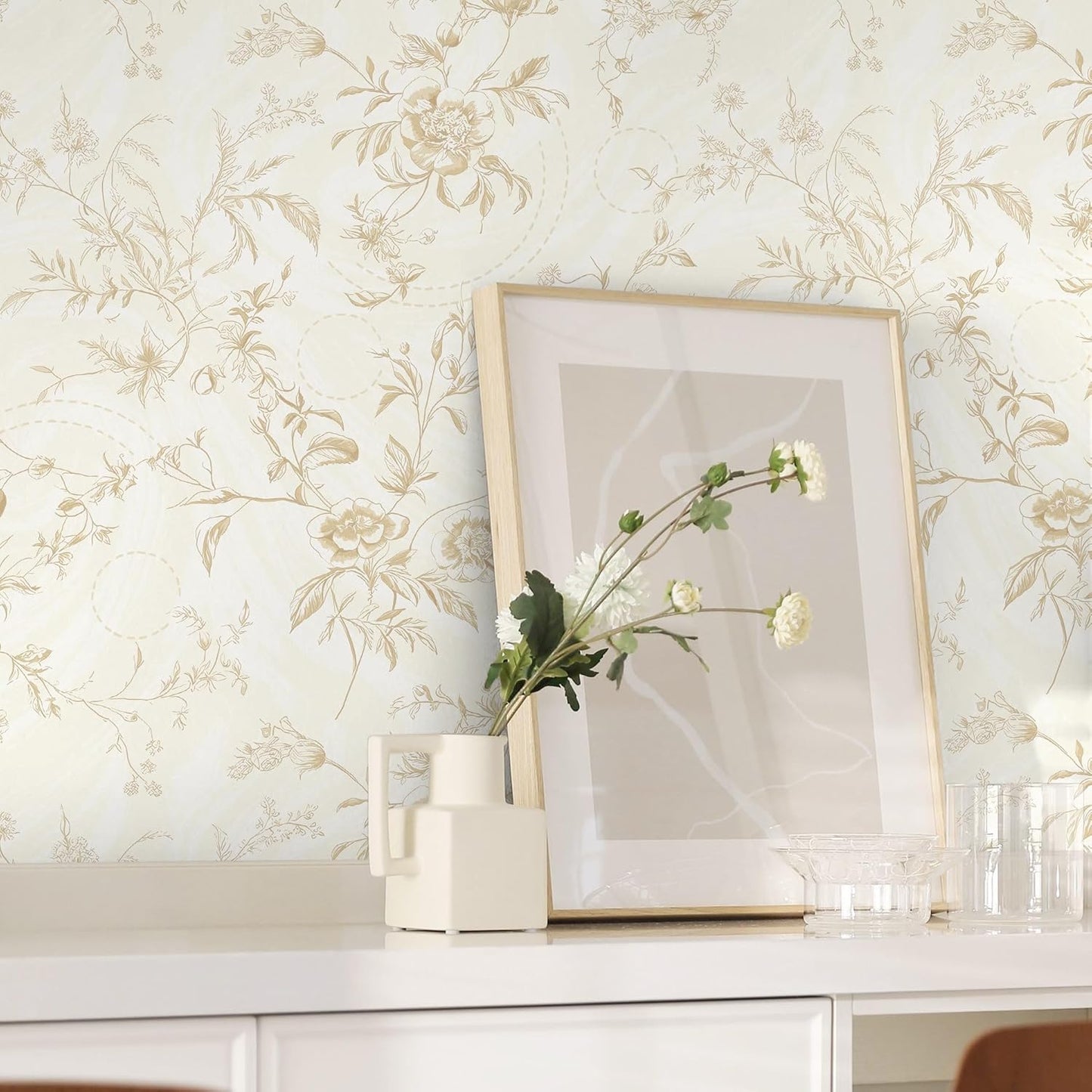 Dimoon 17.3''x78.7'' Vintage Peel and Stick Wallpaper Boho Beige Neutral Contact Paper White Floral Bird Wallpaper Removable Botanical Renter Friendly Modern Wall Paper Bedroom Bathroom Vinyl Roll