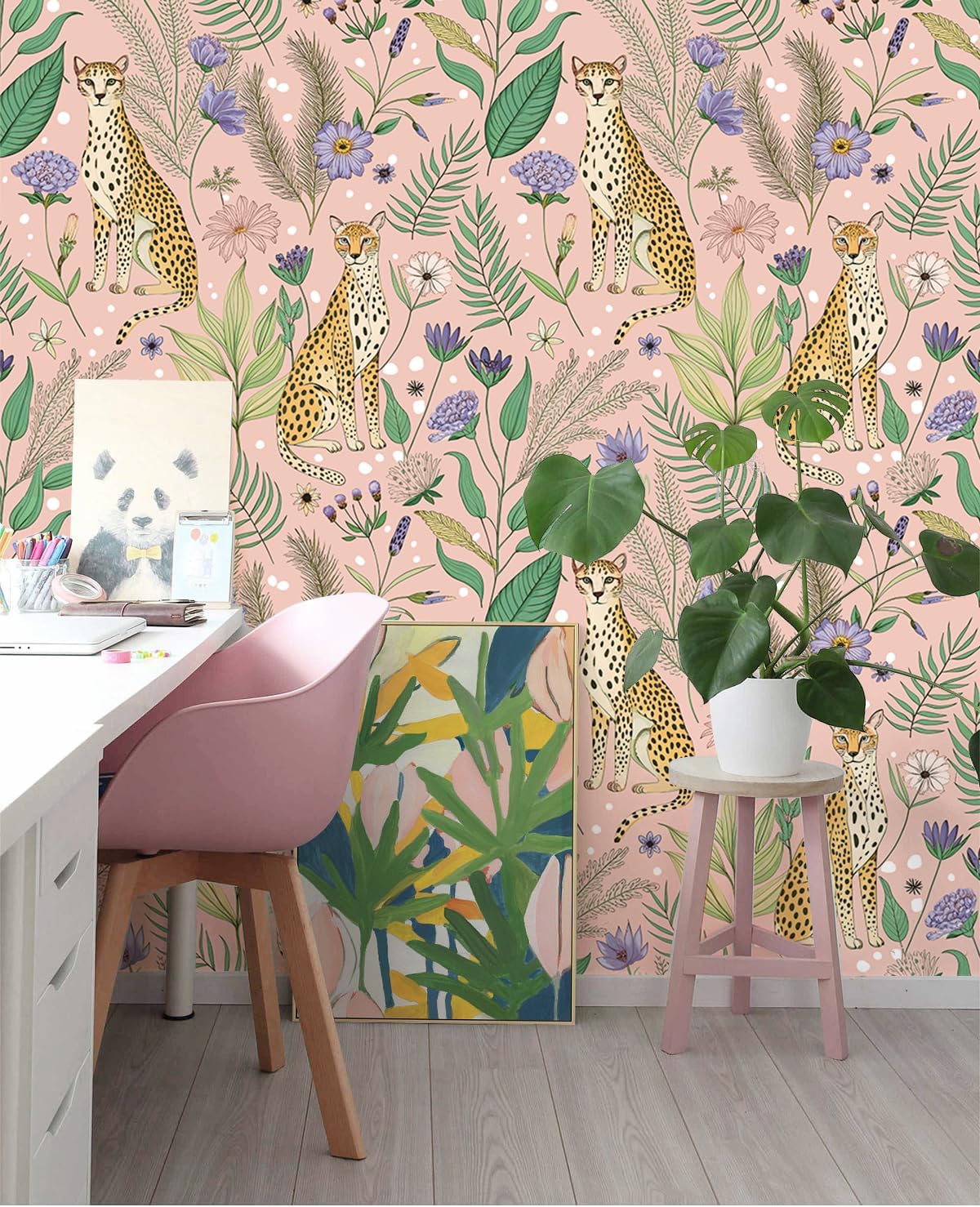 Floralplus Peel and Stick Wallpaper Leopard Jungle Removable Wallpaper for Bathroom Renter Friendly Wallpapers Self Adhesive Animal Floral Contact Paper for Accent Wall 17.5 x 118 in