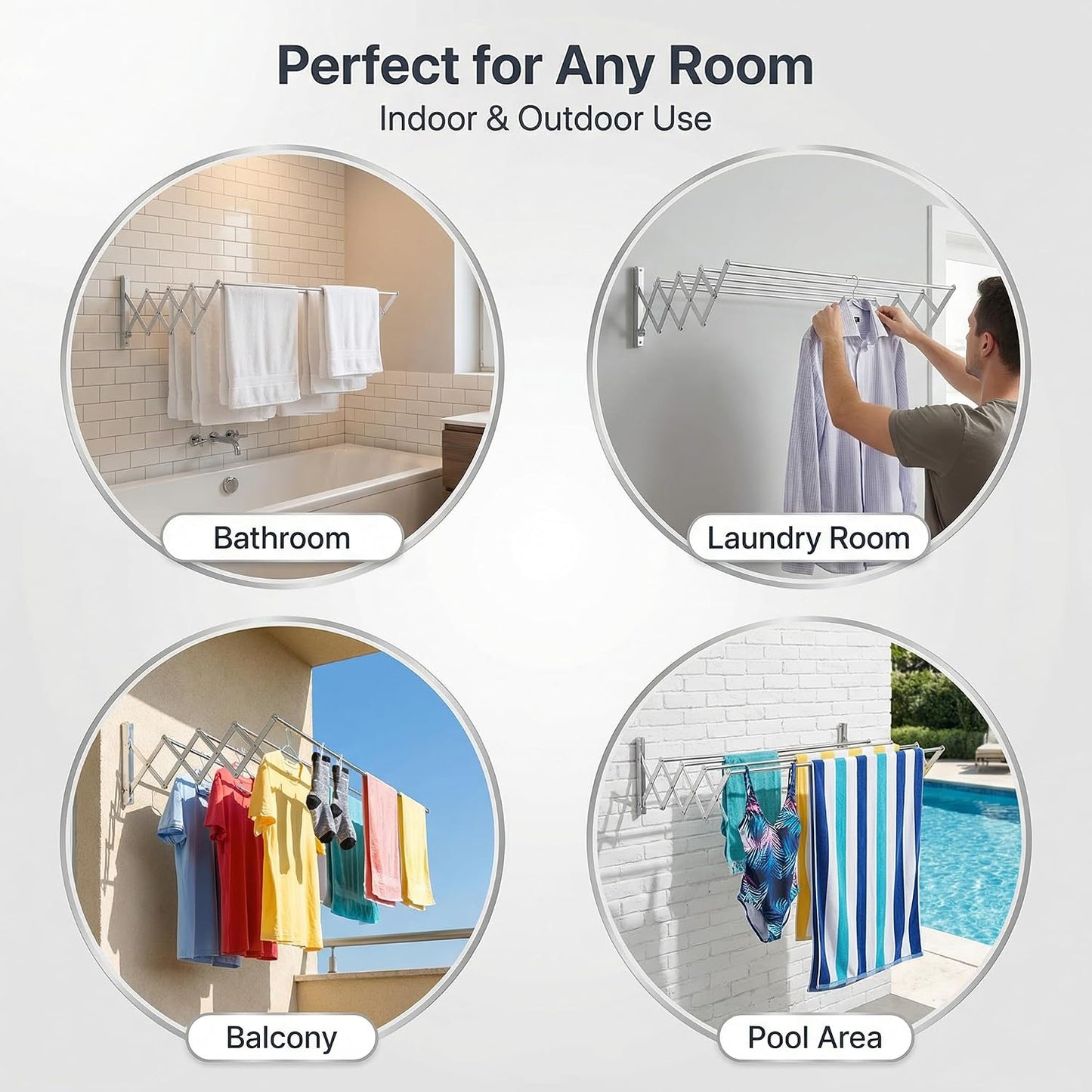 Laundry Drying Rack Wall Mount - Towel Rack Collapsible, Retractable Drying Rack Easy Install Space Saving with 5 Drying Rods