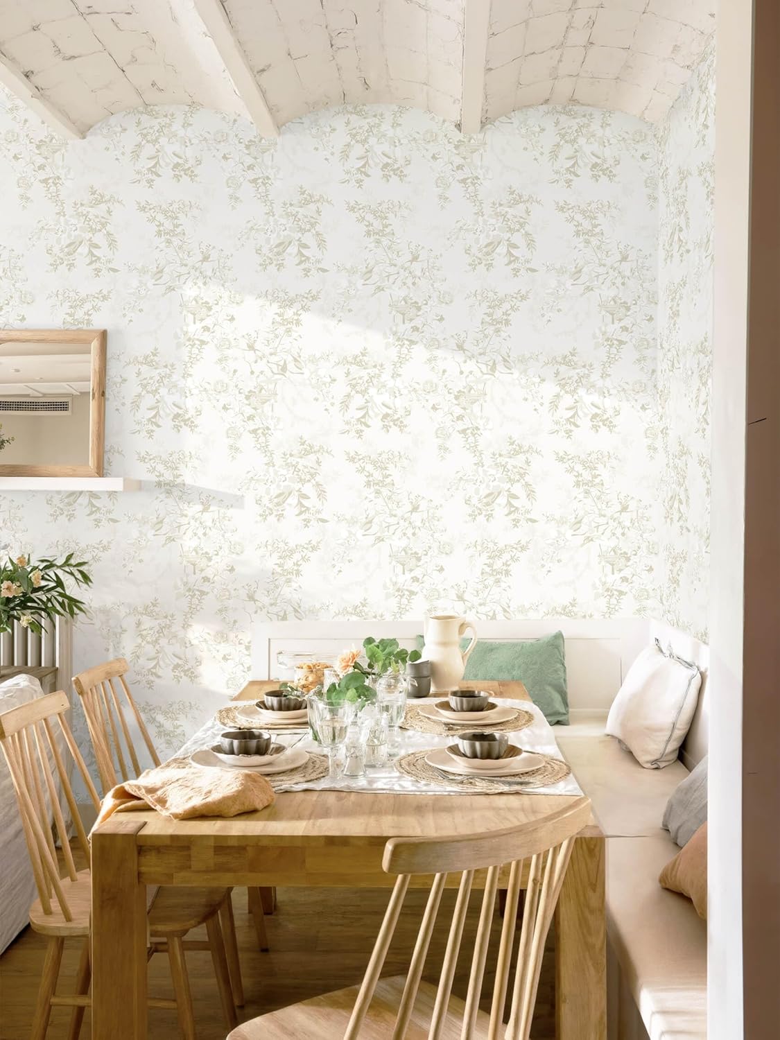Dimoon 17.3''x78.7'' Vintage Peel and Stick Wallpaper Boho Beige Neutral Contact Paper White Floral Bird Wallpaper Removable Botanical Renter Friendly Modern Wall Paper Bedroom Bathroom Vinyl Roll