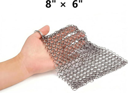 8"x6" Cast Iron Scrubber Stainless Steel Chainmail Cleaner for Pre-Seasoned Pans, Griddles, BBQ Grill and Pot Cookware Cleaning