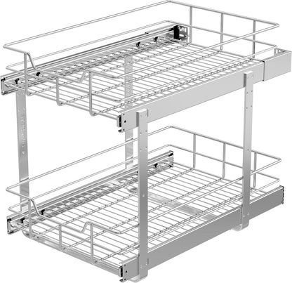 2 Tier Pull Out Cabinet Organizer 11" W X 22" D, Slide Out Drawers For Kitchen Cabinets, Pull Out Drawers For Cabinets Capacity Heavy Duty Caddy, Cabinet Pullout Shelves Chrome-Plated, Bathroom Pantry