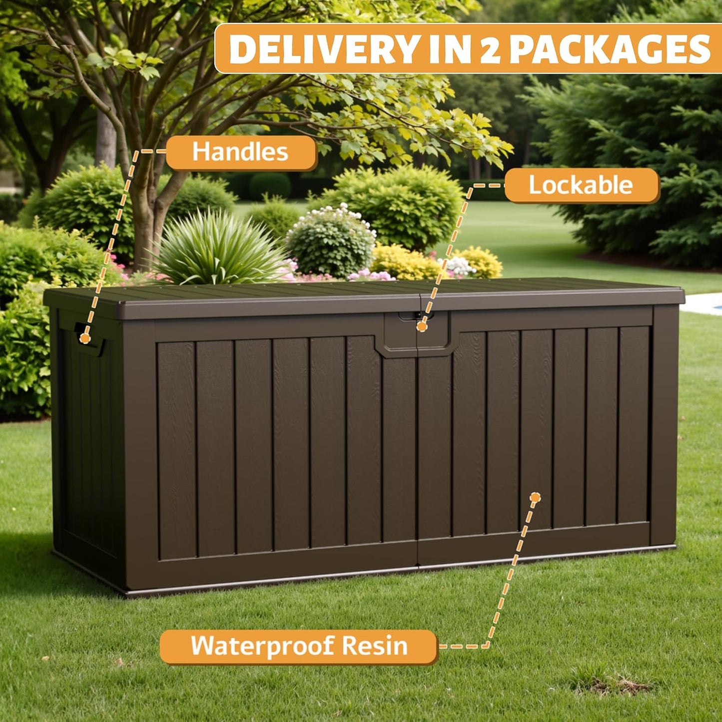 Flamaker Resin Deck Box 120 Gallon Waterproof Large Outdoor Indoor Storage Box Imitation Wood Resin for Patio Furniture Garden Tools and Pool (Black)