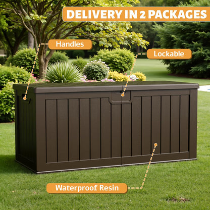 Flamaker Resin Deck Box 120 Gallon Waterproof Large Outdoor Indoor Storage Box Imitation Wood Resin for Patio Furniture Garden Tools and Pool (Black)