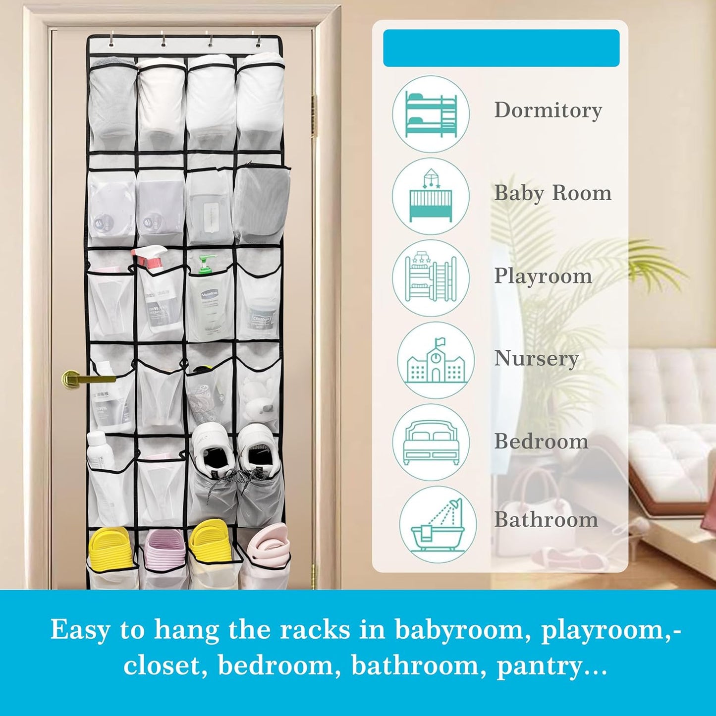 Over The Door Shoe Organizer with 24 Large Breathable Mesh Pockets Sturdy Closet Door Shoe Storage Holder Hanging SimpleHouseware Men Women Kids Shoe Holder for Rack (Black)