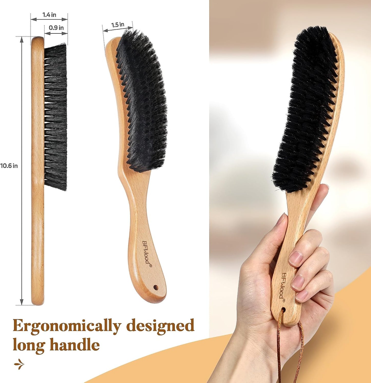 BFWood Clothes Brush, Boar Bristle Lint Brush for Suits, Cashmere, Wool, Velvet, Suede and Pet Hair, Large Black Walnut Wood Handle