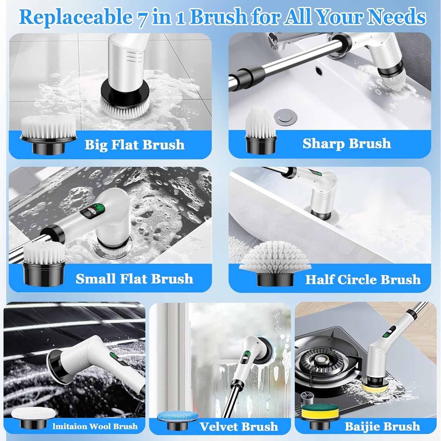 Electric Spin Scrubber,Cleaning Scrubber Brush Electric for Home with Power LCD Display,Cordless Bathroom Scrubber for Bathroom Tile Glass Cleaning,Adjusted Head Angle with 7 Replaceable Heads