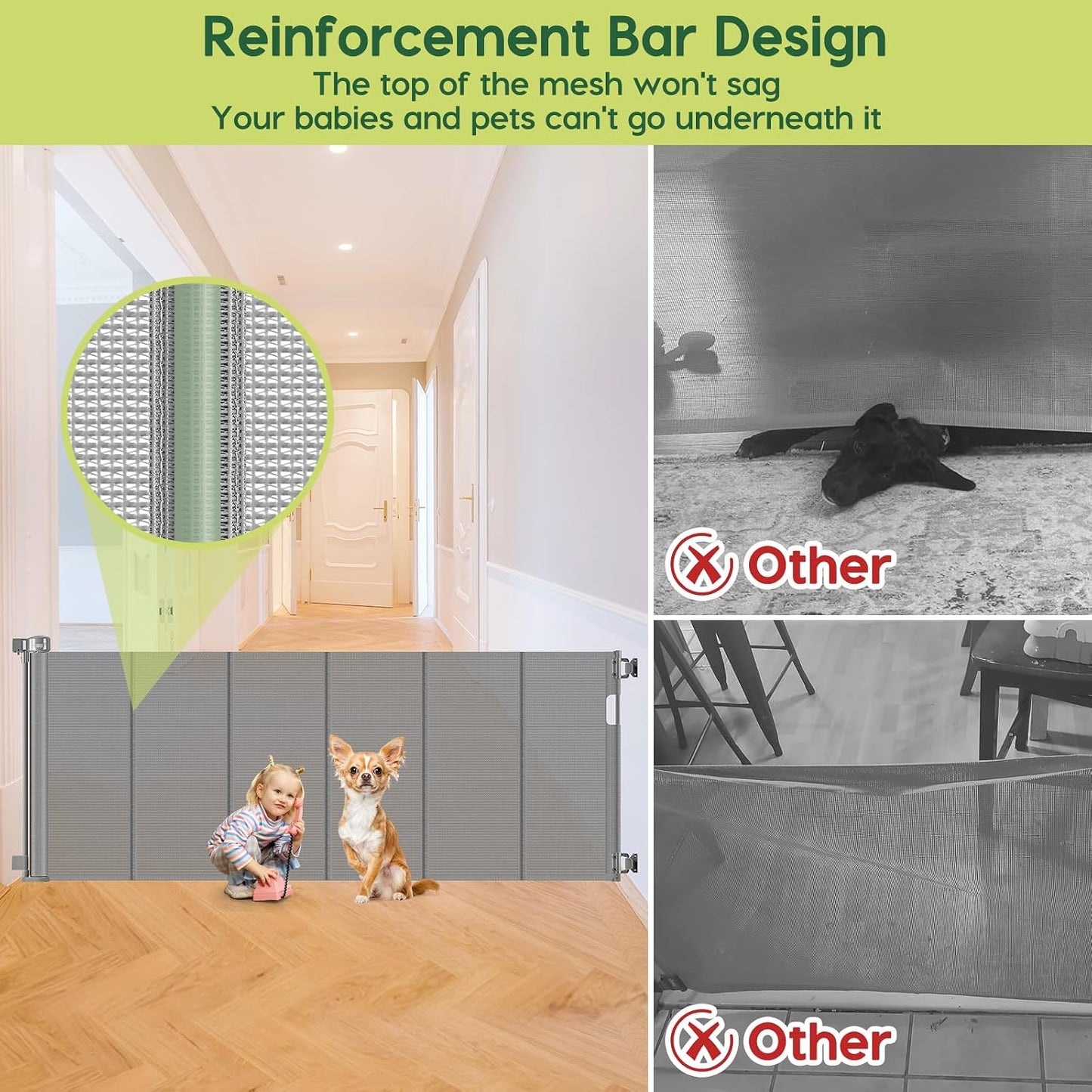 Reinforced 55" Wide Retractable Baby Gates with Reinforced Strips, Indoor/Outdoor Retractable Dog Gate for Doorway Prevent Bottom Drilling Through, No Bottom Bar Safety Mesh Baby Gate for Stair, Black