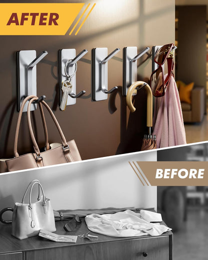 Auxmir Self Adhesive Hooks 15lbs Heavy Duty, 5 Pack Stainless Steel Wall Hooks for Coat Towel Robe, Waterproof Rustproof Oilproof, No Drill Door Hanger for Bathroom Shower Kitchen Office RV, Silver