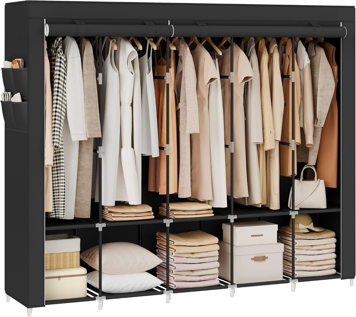 SONGMICS Portable Closet, Wardrobe Closet Organizer with Cover, 3 Hanging Rods and Shelves, 4 Side Pockets, 51.2 x 17.7 x 65.7 Inches, Large Capacity for Bedroom, Living Room, Ink Black URYG092B02