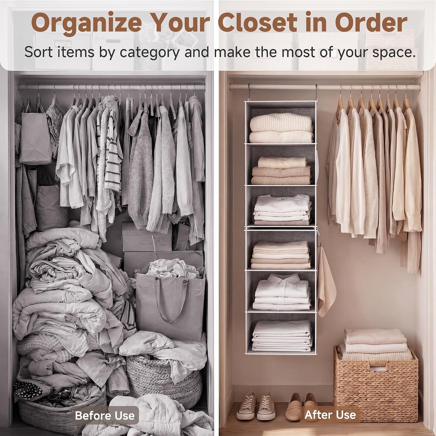 StorageWorks 6-Shelf Closet Organizers, Two 3-Shelf Separable Hanging Shelves for Closet, 12 1⁄2" D x 12 1⁄2" W x 47 ¼" H, Mixing of Beige, White & Ivory