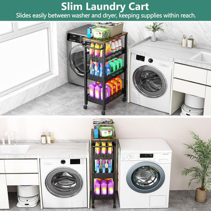 Vivihomety Utility Slim Storage Cart with Wheels, 4 Tier Small Rolling Cart with Wood Top, Metal Kitchen Bathroom Laundry Room Organization Trolley with Handle for Narrow Space – Black