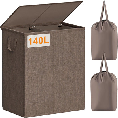Chrislley 140L Laundry Hamper 2 Section, Double Laundry Basket with Lid, Large Dirty Clothes Hamper with Removable Liner Bags, Collapsible Laundry Organizer for Bedroom, Dorm,Beige
