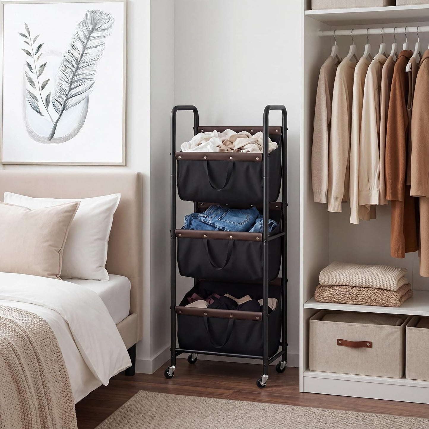 GRANNY SAYS 3 Section Tiered Laundry Sorter, Slim Vertical Laundry Hamper with Wheels, Narrow Rolling Laundry Cart with Removable Bags for Laundry Room, Bathroom, Closet, Dorm, Beige