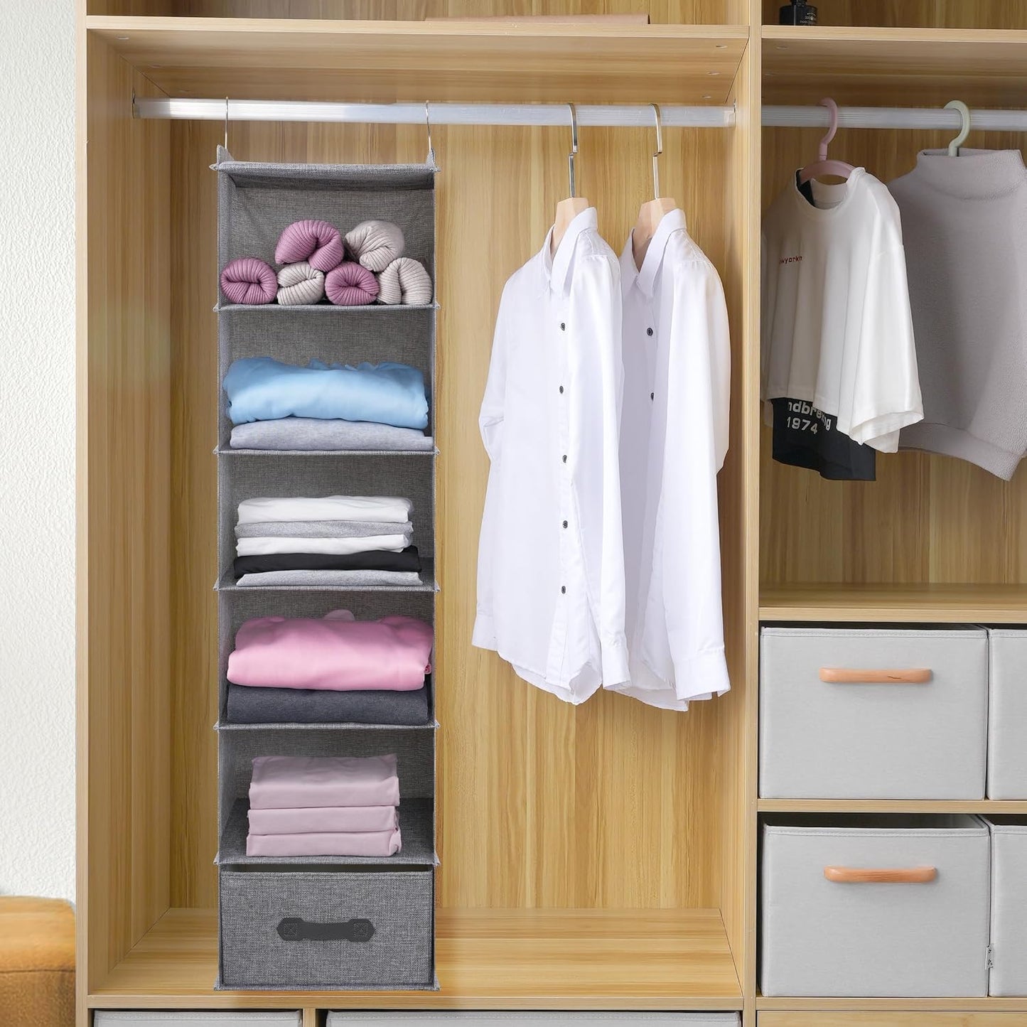 Large Hanging Sweater Organizer for Closet,Collapsible 6-Shelf Hanging Closet Shelves with Drawers, Washable (Grey-6 Shelf)
