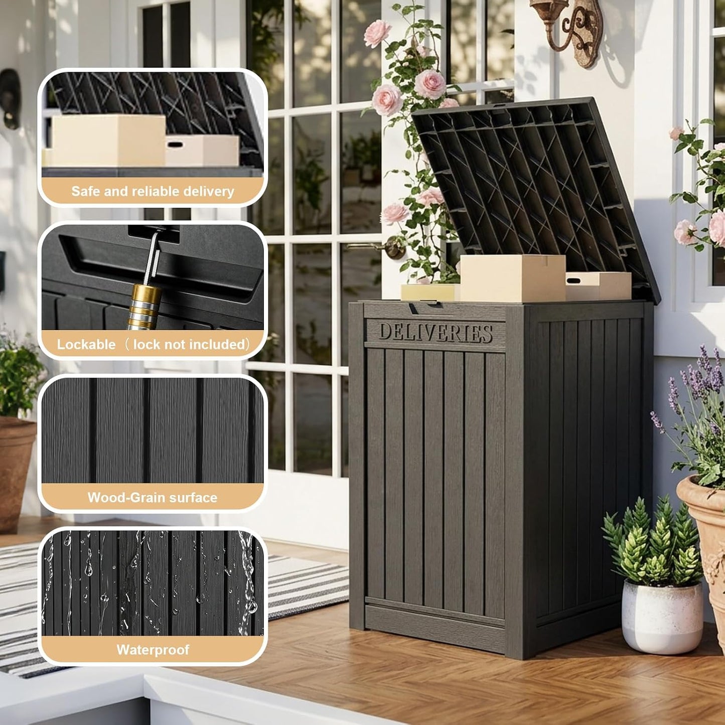 EasyUp 33 Gallon Resin Deck Box Waterproof, UV Resistant Outdoor Storage Box for Delivery, Porch, Patio and Garden, Stripe Black