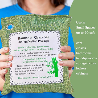 Bamboo Charcoal Air Purifying Bag, Activated Charcoal Odor Absorber Moisture Absorber Car Fresheners Odor Eliminator for Home Car Closet Refrigerator Shoe Smell Remover Gym Bag Deodorizer, Green