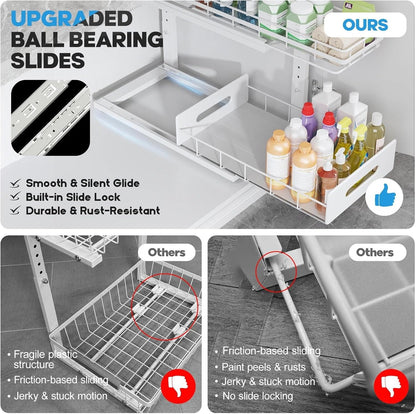 Under Sink Organizer Upgrade To Professional Rails,2-Tier Dual Pull Out Cabinet Storage,Height Adjustable Slide Out Drawers For Bathroom Kitchen,2 Pack-14.5" Dx12.8-16.9" H,White