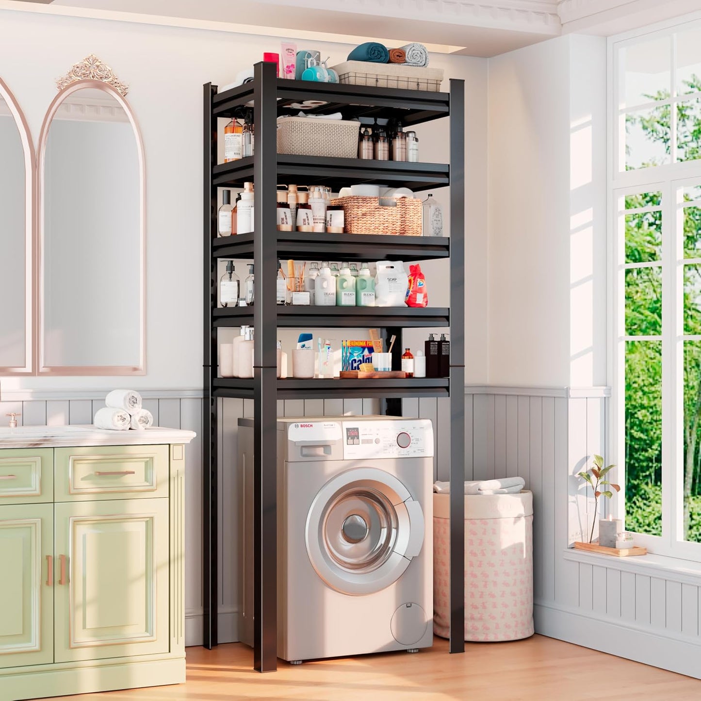 Over Washer and Dryer Shelves, Laundry Room Shelves Adjustable Metal Heavy Duty Freestanding Storage Shelves, Washing Machine Rack for Organization and Storage, Black (Black, 63''H*35.43''W*11.81''D)