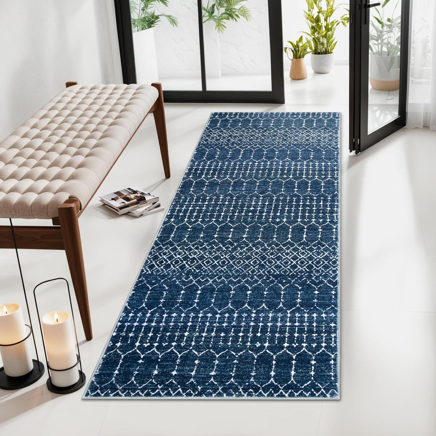 Lahome Moroccan Entry Rug 2x3, Non-Slip Washable Front Indoor Door Mat Rubber Backing Low-Profile Door Rugs, Small Geometric Print Distressed for Entryway Bathroom Kitchen, Black Hana