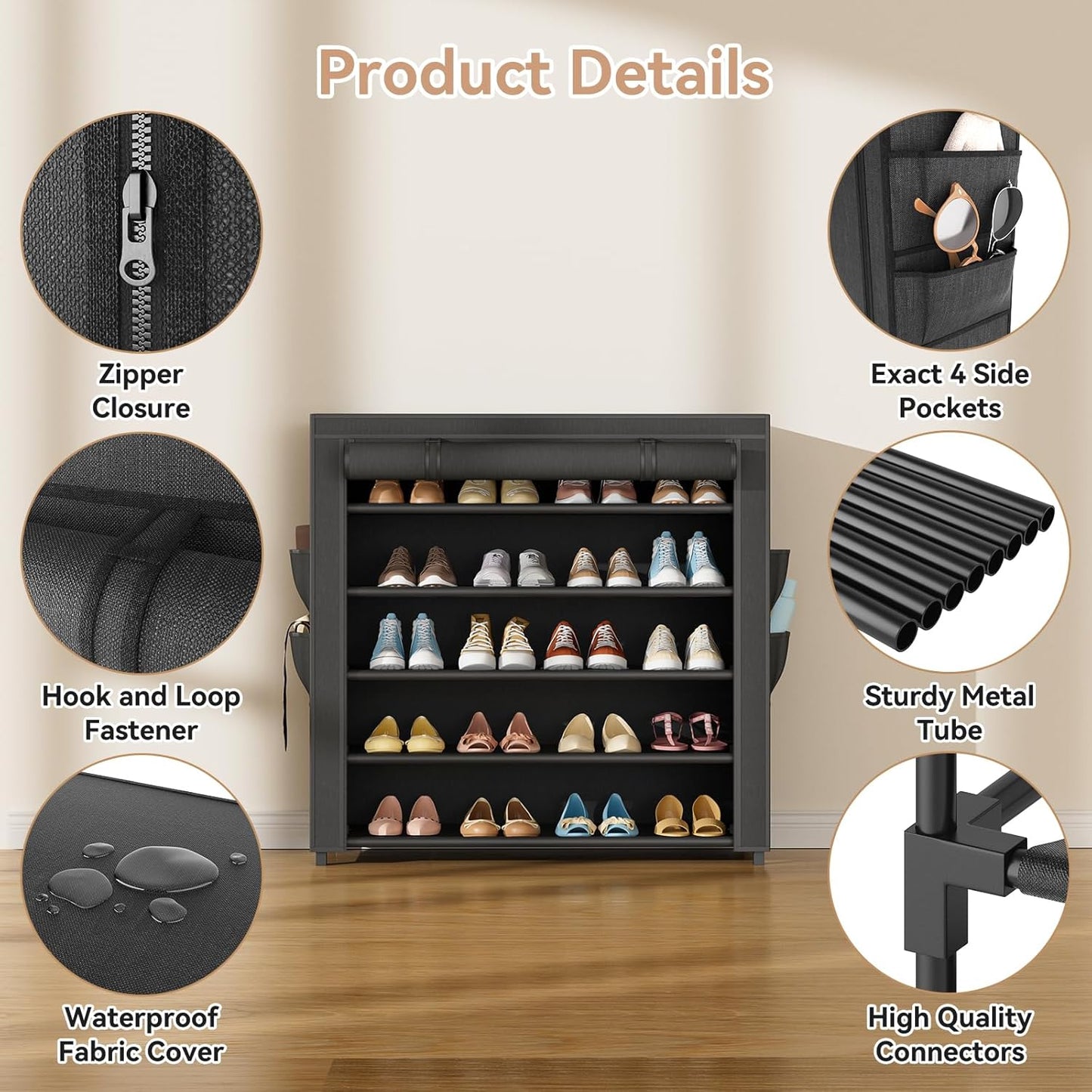 LANTEFUL Shoe Rack with Covers - 10 Tiers Tall Shoe Rack Organizer Large Capacity Shoe Shelf Storage 40 Pairs Space Saving Vertical Shoe Storage Organizer for Closet, Entryway, Dorm, Bedroom
