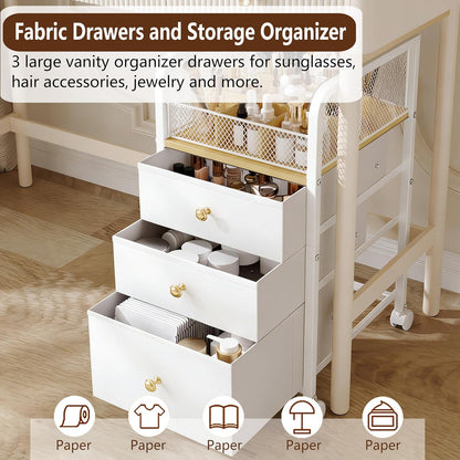 Rolling Makeup Organizer Cart with 3 Drawers, Under Desk Vanity Makeup Storage Cart, Bathroom Storage Cart Cosmetic Display Cases Cabinet for Nail Polish, Brushes & Hair Tools, Gold
