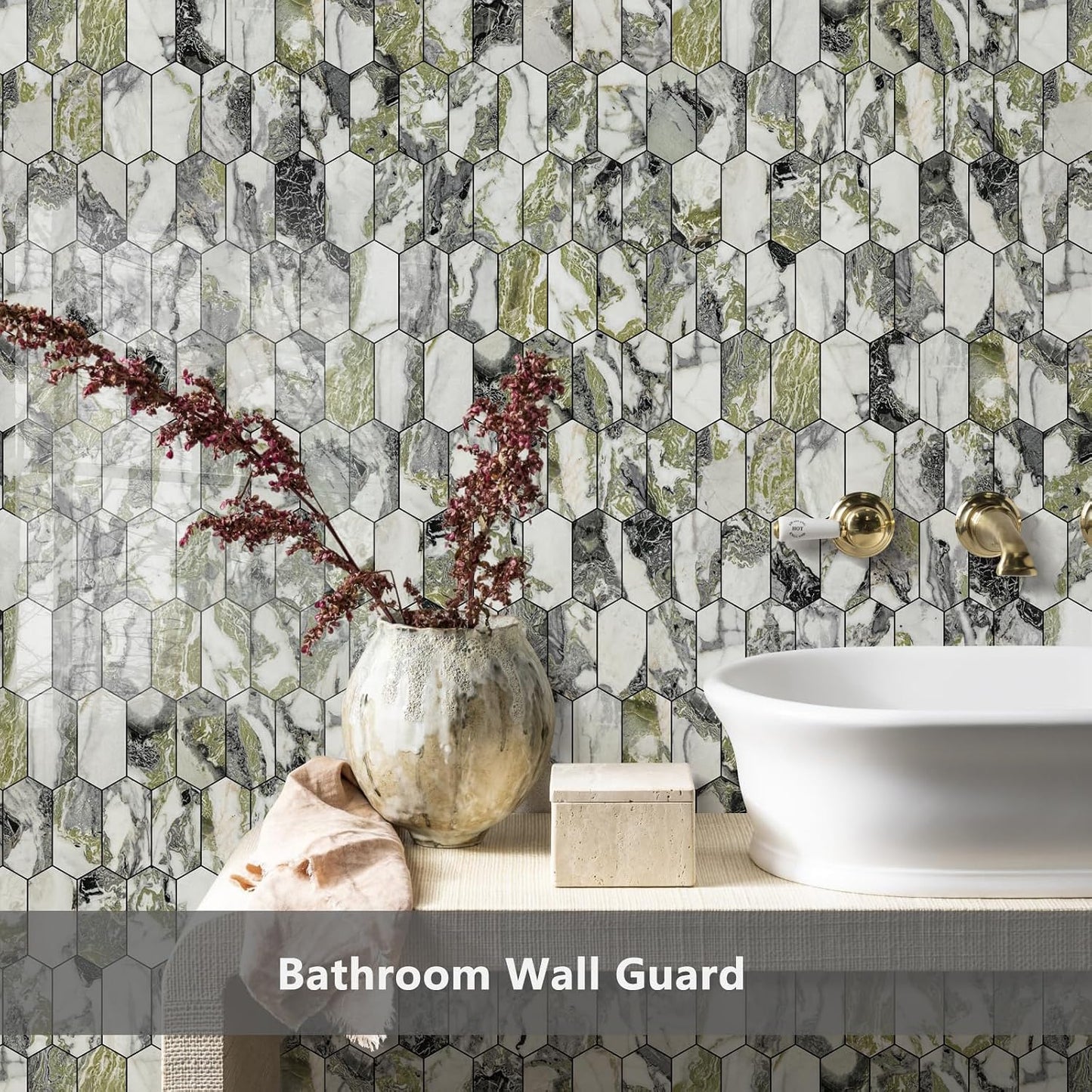 Vamos Tile Long Hexagon Peel and Stick Backsplash Tile - 10 Sheets Stick on Backsplash for Kitchen and Bathroom 12.4 x 12 Inch Glossy Wood Grain PVC Self Adhesive Mosaic Wall Tiles