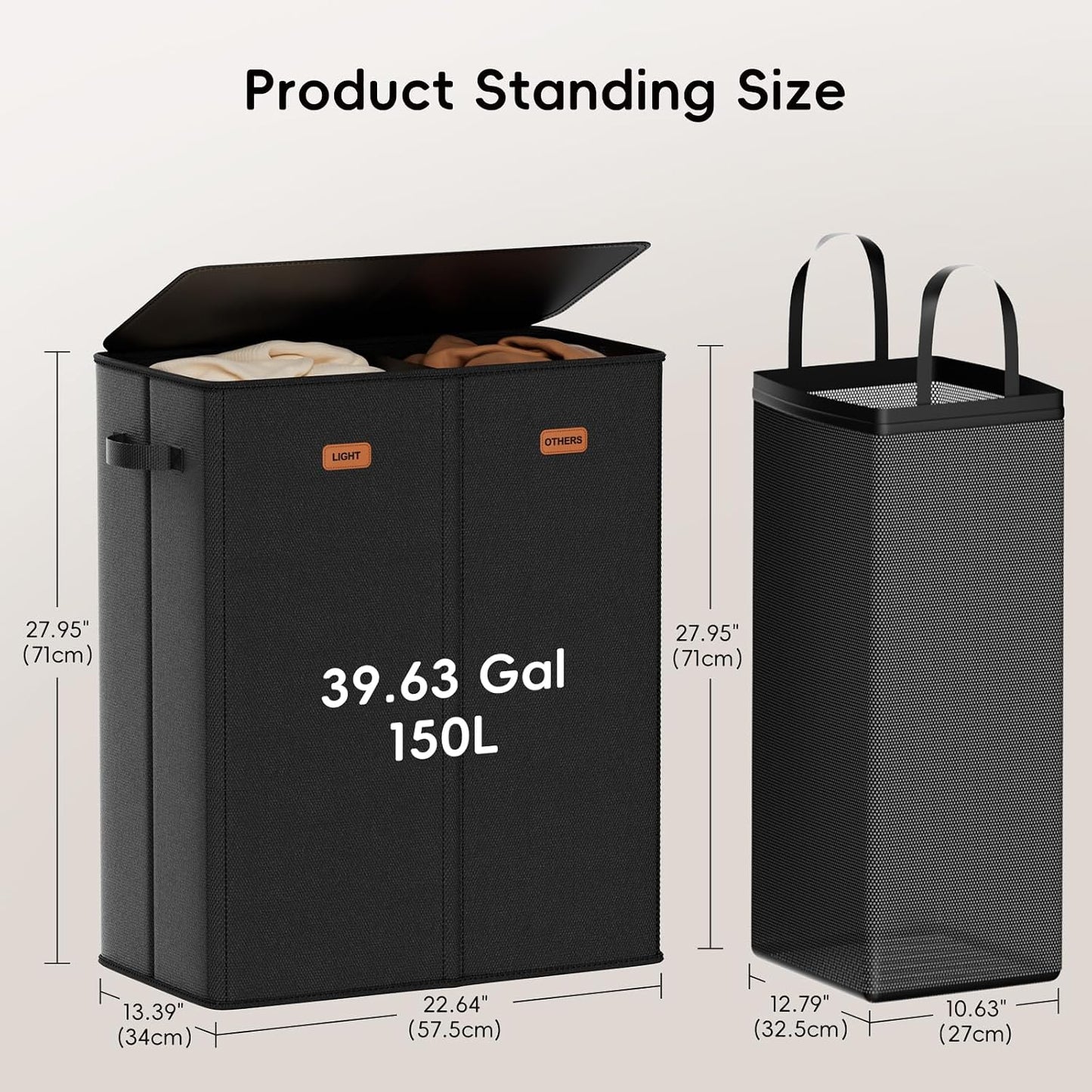 185L Laundry Hamper 3 Section, Laundry Hamper with Lid, Dirty Clothes Hamper with 3 Removable Washing Bags, Extra Large Laundry Basket Organizer for Bedroom, Laundry Room, Dorm - Black