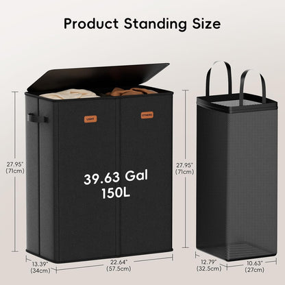 185L Laundry Hamper 3 Section, Laundry Hamper with Lid, Dirty Clothes Hamper with 3 Removable Washing Bags, Extra Large Laundry Basket Organizer for Bedroom, Laundry Room, Dorm - Black