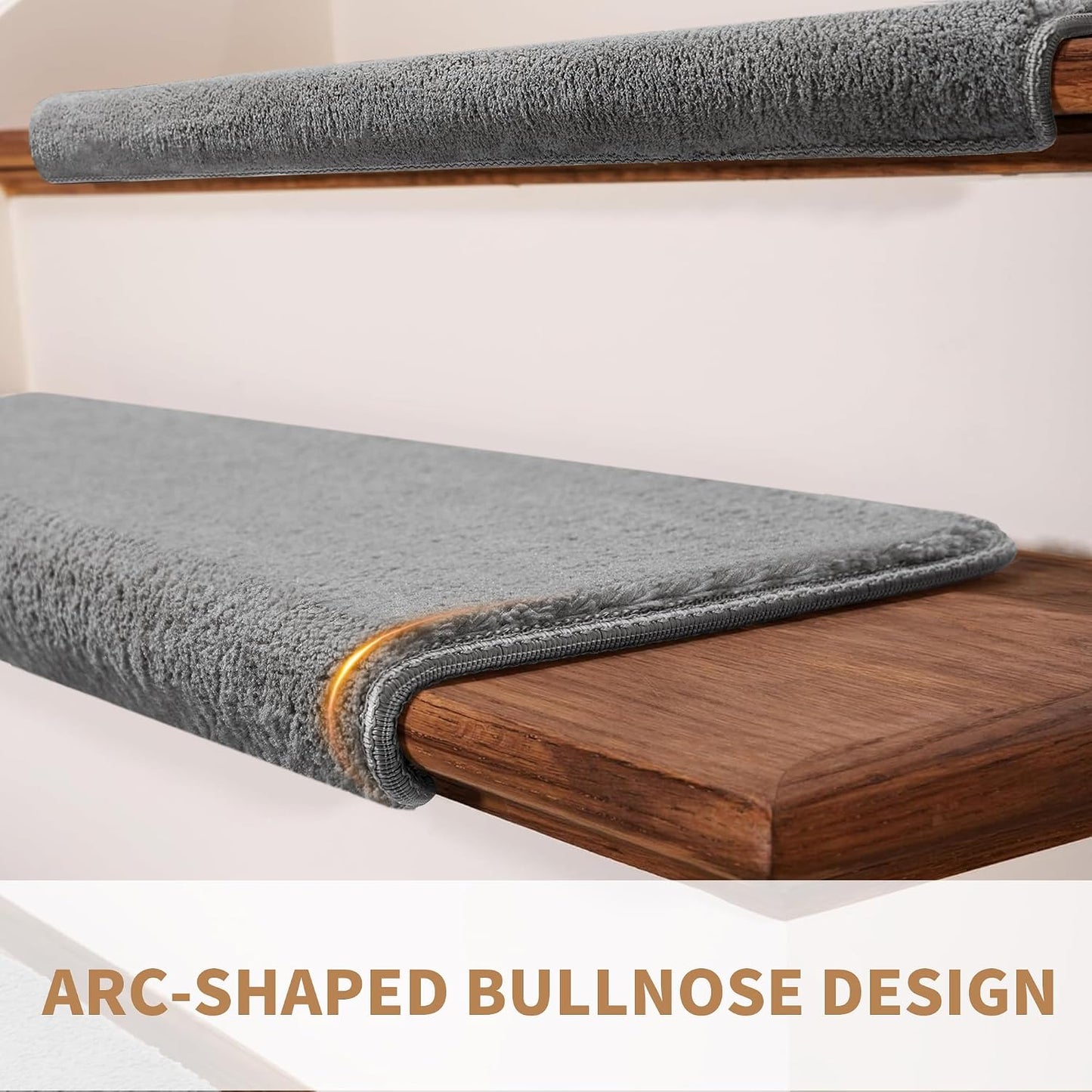 Bullnose Stair Treads Non Slip 9.5" x 32", 14 Pcs Ultra Plush Carpet Stair Treads for Wooden Steps Indoor with Edge Protection, Reusable Peel and Stick TPU Backing Stair Runner Rugs - Beige Gray