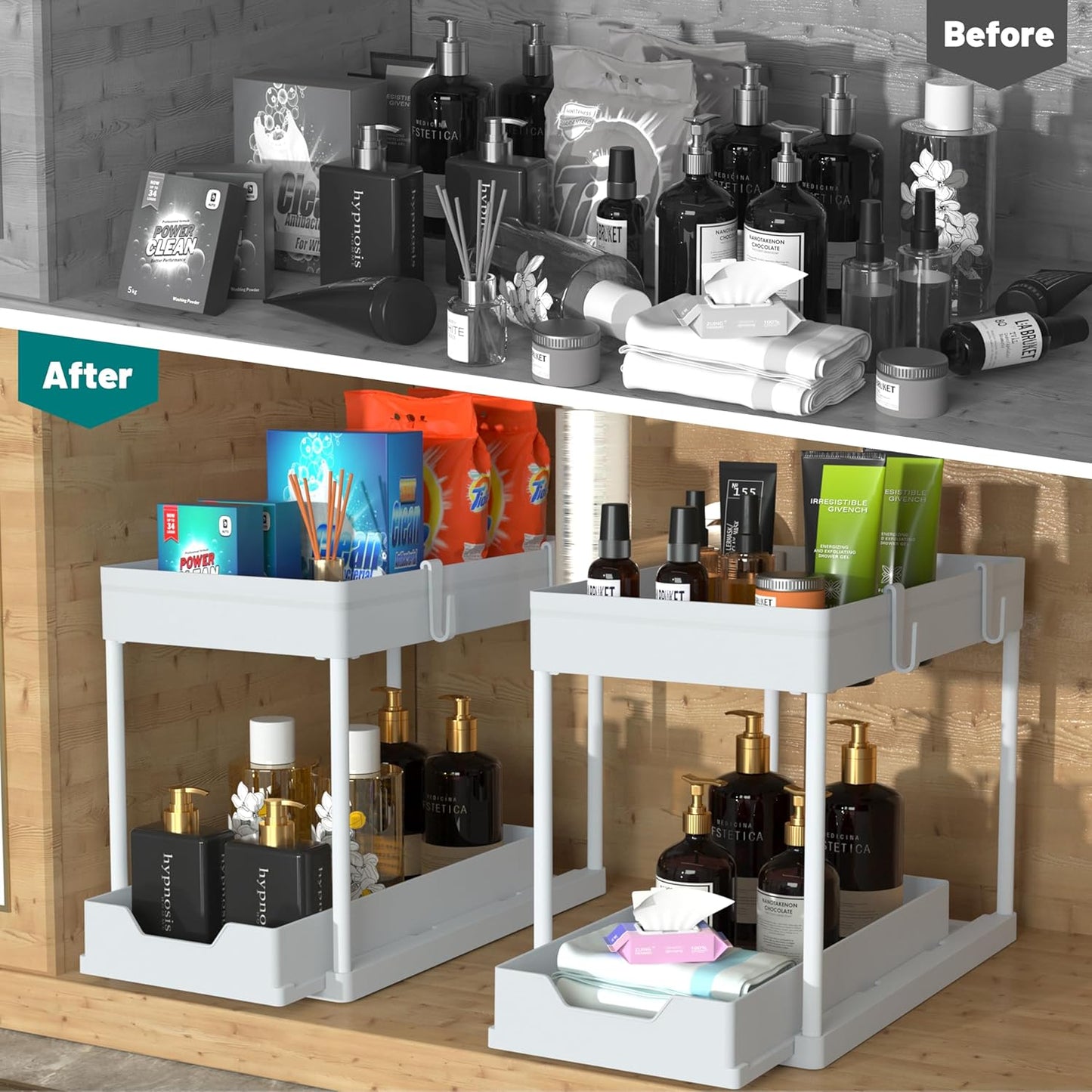 Under Sink Organizer -2 PACK|Pull Out Bathroom Organizer|2 Tier Slide Out Bathroom/Kitchen Organiers and Storage. (2 PACK Normal)