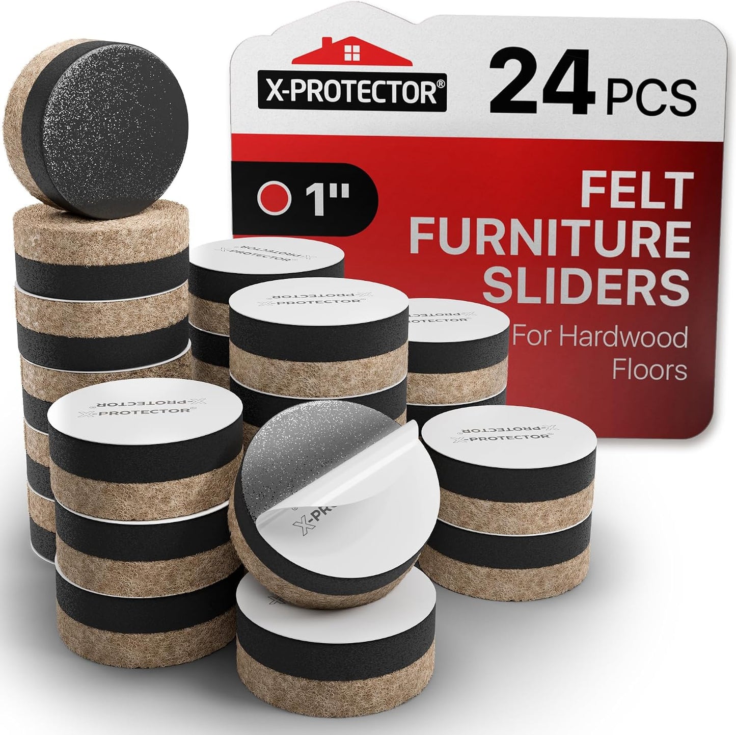 X-Protector Felt Furniture Sliders for Hardwood Floors 24 PCS 1” - Self-Adhesive Furniture Slider - Heavy-Duty Furniture Movers for Hard Surfaces - Felt Sliders - Move Your Furniture Easily!