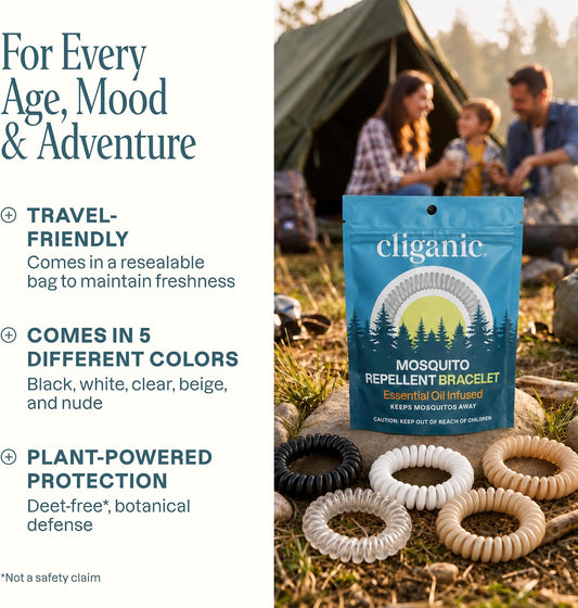 Cliganic 10 Pack Mosquito Repellent Bracelets for Adults & Kids - Natural DEET-Free Bands, Individually Wrapped