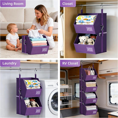 Hanging Closet Organizer 4 Tier, Hanging Shelves for Closet-Hanging Closet Organizer with Stackable Shelves,Versatile Fabric Storage Bins for Bedroom, RV, Nursery,Dorm(Purple)