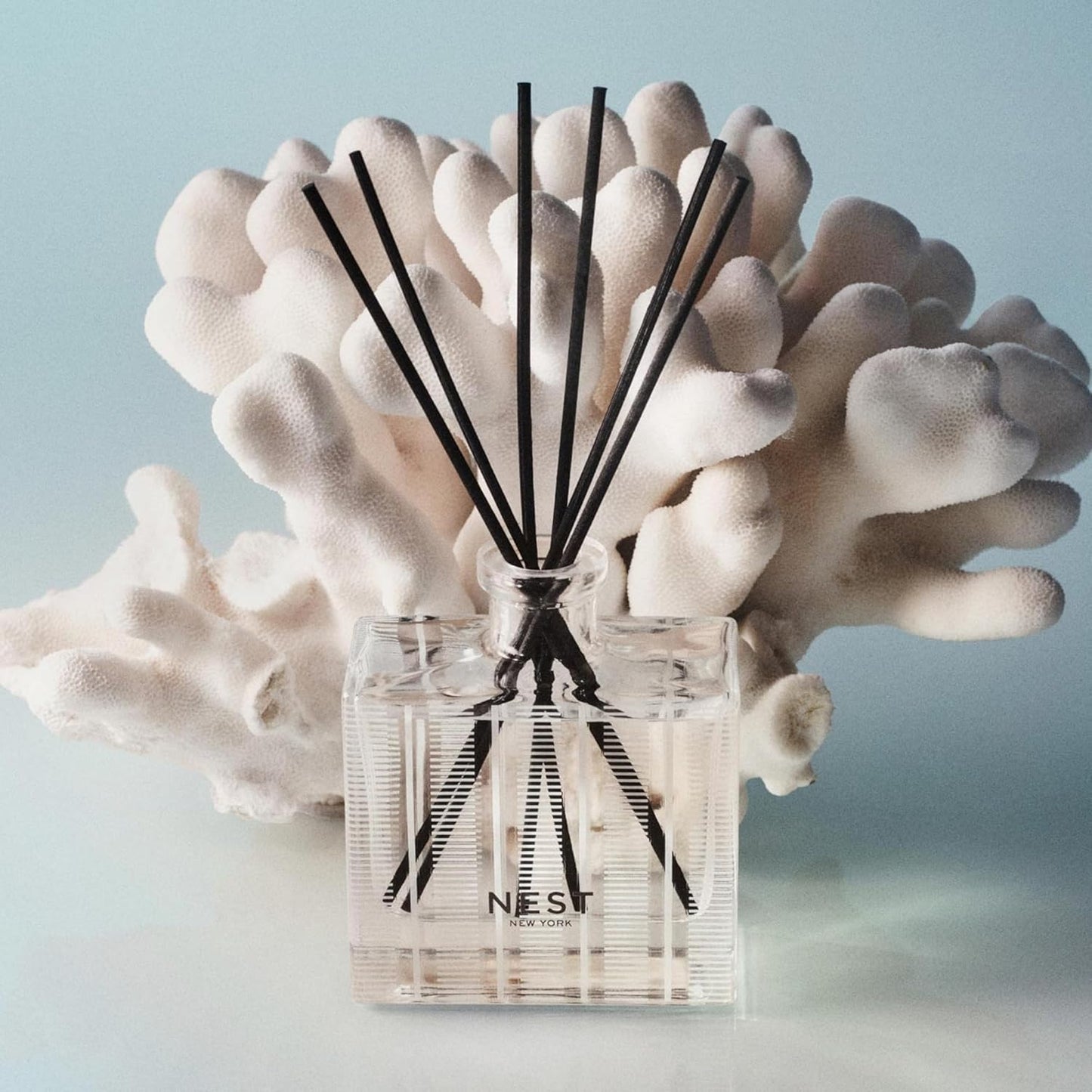 NEST New York Reed Diffuser, Moroccan Amber - 5.9 fl oz - Fragrance for Up to 90 Days - Reusable, Refillable Glass Holder - Includes 8 All-Natural Reed Sticks - Flame Free