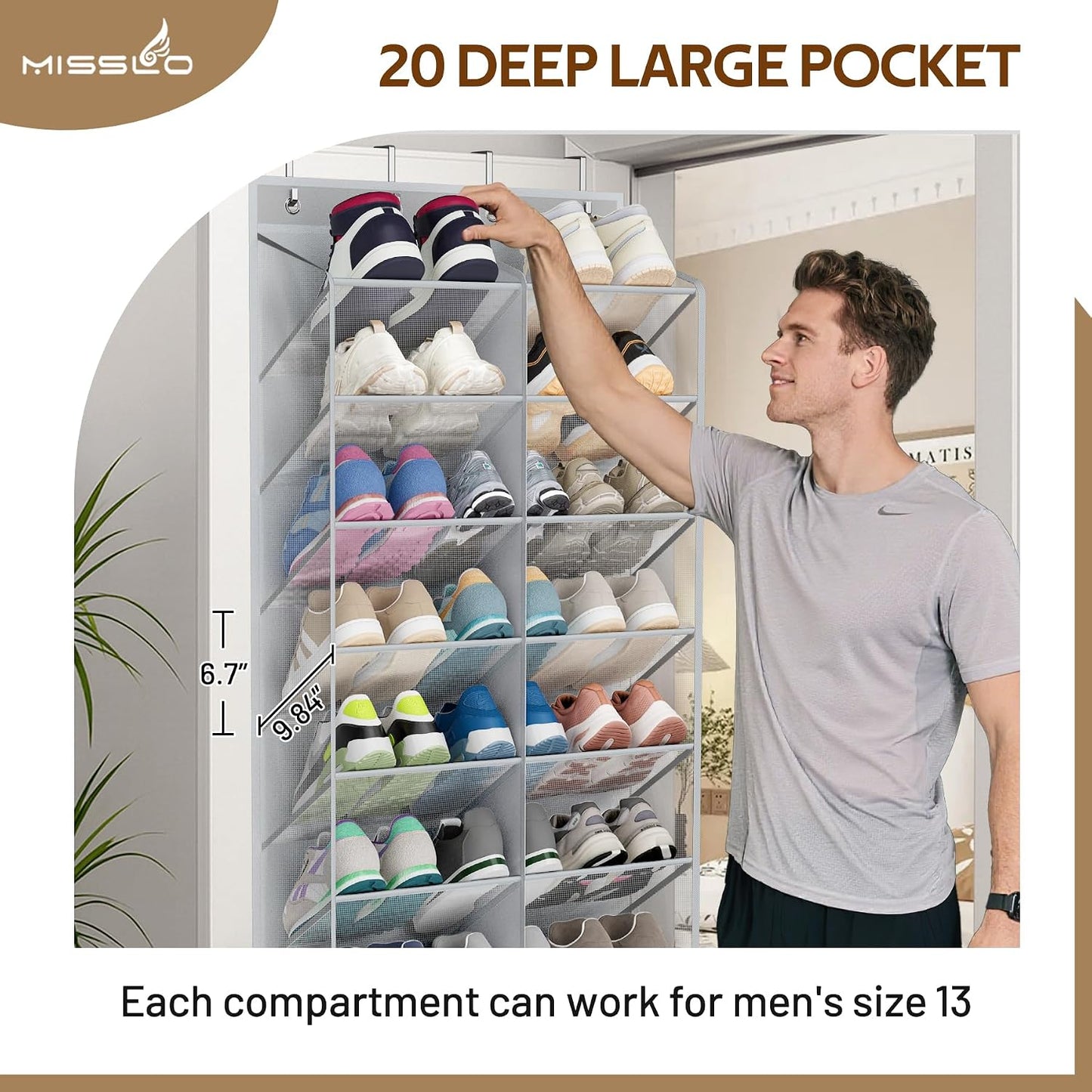 MISSLO 30 Pairs Over the Door Shoe Organizer Breathable Mesh Hanging Shoe Rack for Closet Storage with Wide Deep Pockets 10 Tier Shoes Holder Fit All the Family's Sneakers, Boots, Heels (White, 71")