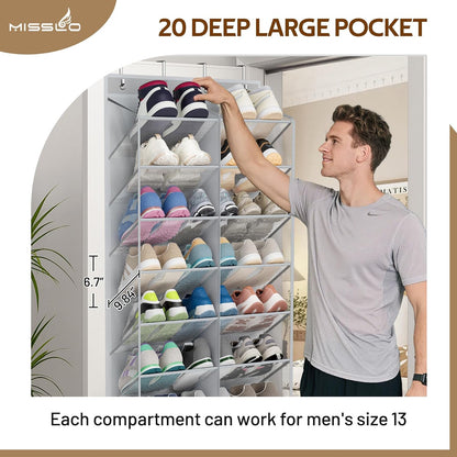 MISSLO 30 Pairs Over the Door Shoe Organizer Breathable Mesh Hanging Shoe Rack for Closet Storage with Wide Deep Pockets 10 Tier Shoes Holder Fit All the Family's Sneakers, Boots, Heels (White, 71")
