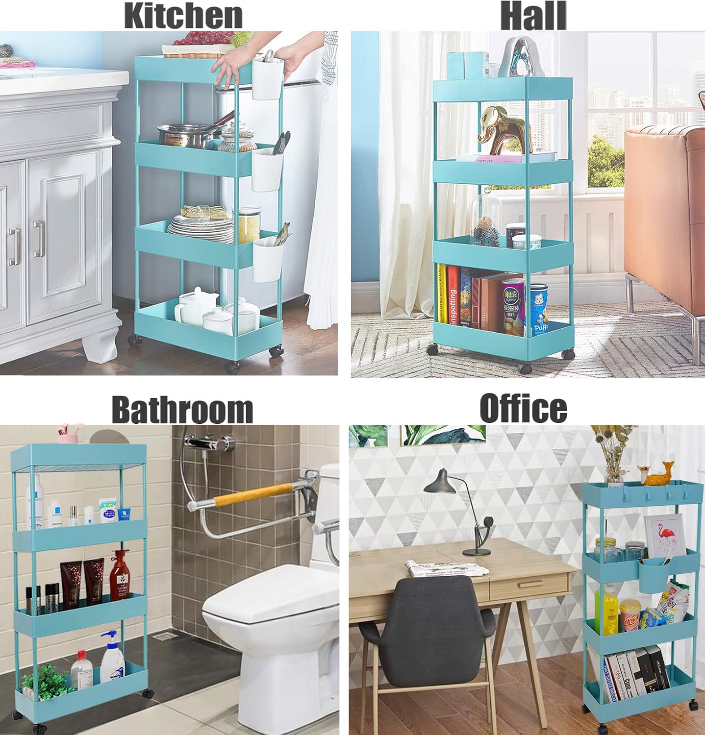 4 Tier Slim Rolling Utility Kitchen Cart Bathroom Organizer for Narrow Places Multipurpose Storage Shelve Mobile Trolley for Bedroom Laundry Office Restaurant Garage Pantry (Black)