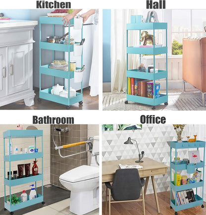 4 Tier Slim Rolling Utility Kitchen Cart Bathroom Organizer for Narrow Places Multipurpose Storage Shelve Mobile Trolley for Bedroom Laundry Office Restaurant Garage Pantry (Black)