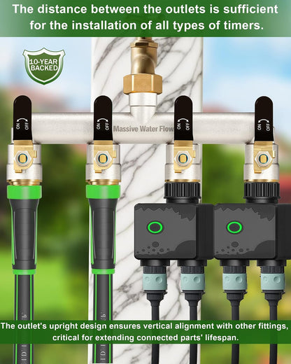 4 Way Hose Splitter, Heavy Duty Full Flow Garden Water Hose Bib Spigot Splitter, Brass Rust and Freeze Resistant Outdoor Faucet Splitter, T Adapter Connector with 3/4 - Inch GHT Thread （Black）