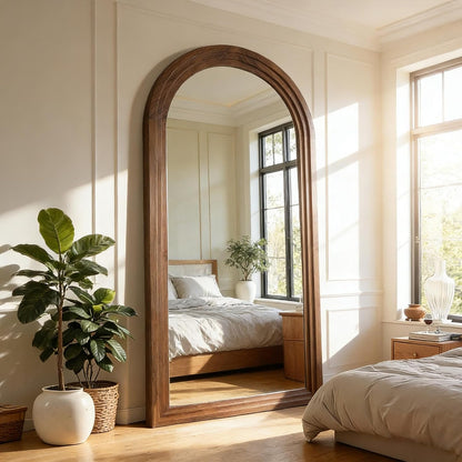 Full Length Mirror with Solid Wood Frame & Stand, 71"x32" Oversized Arched Floor Mirror, Charred Wood Finish Wall Mounted or Leaning Mirror for Bedroom Living Room, Burnt Brown