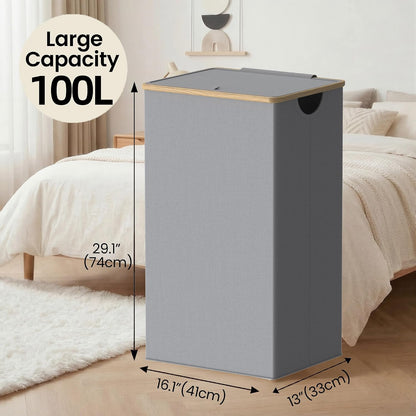 efluky Slim Laundry Basket with Lid, Narrow Laundry Hamper with Removable Bag, Skinny Dirty Clothes Basket with Bamboo Handles for Bathroom, Bedroom & Laundry Room, 75L Beige